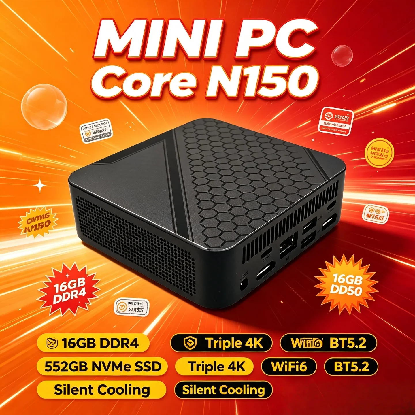 2026 인텔 N150 휴대용 미니 PC 16GB DDR4 M.2 NVMe SSD 512GB 트리플 4K WiFi6 BT5.2 저소음 냉각 데스크탑 프로 사무실 가정용