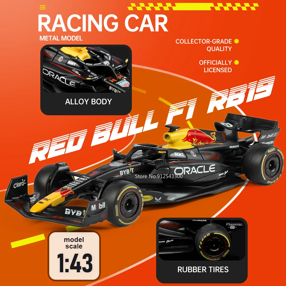 Modelo a Escala 1:43 del Coche de Fórmula 1 Red Bull RB19, Juguete con Neumáticos de Goma, Modelos Metálicos Fundidos a Presión, Carrocería de Aleación, Miniaturas, Decoración para el Hogar