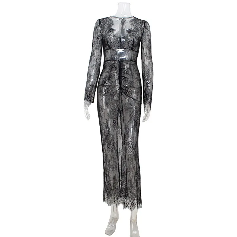 Vrouwen Sexy See Through Ruches Split Bodycon Maxi Kanten Jurk V-hals Volledige Mouw Slim Party Clubwear Lang Gewaad Mode Cover Ups