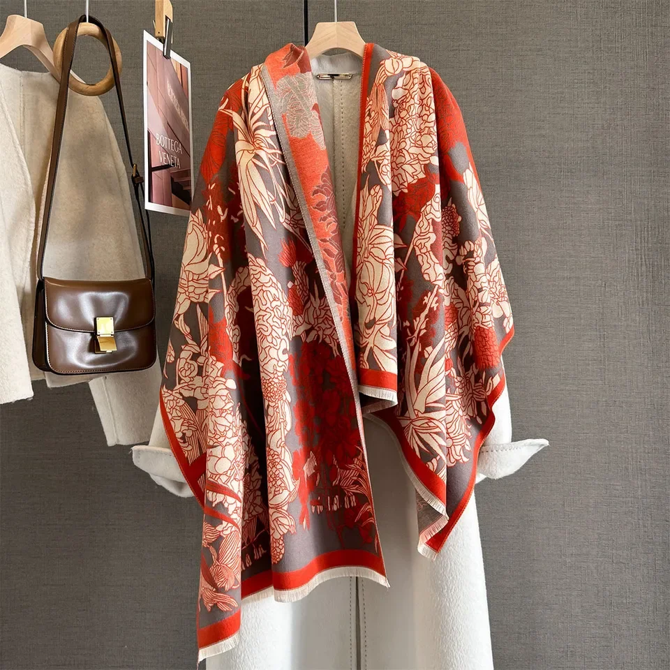 

2025 Design Flower Jacquard Print Cashmere Scarf Women Winter Pashmina Shawl Wraps Thick Warm Bufanda Stoles Blanket Scarf