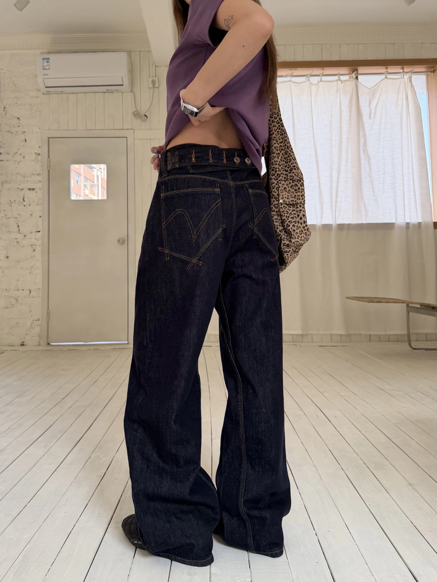 

Loose Straight Leg Jeans Denim Paris Button Design Casual Wide Leg Long Pants ex Comfortable Fit Vintage Sle l Waist