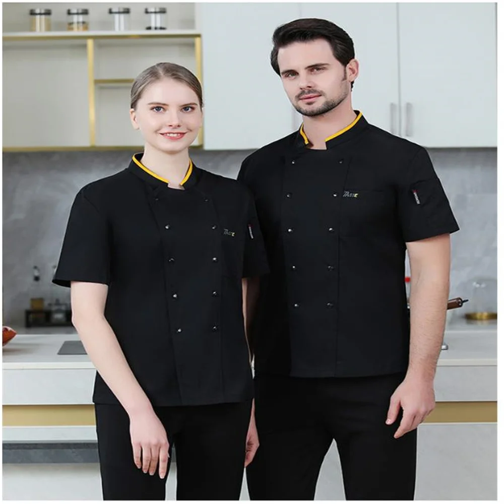 Men black Chef Jacket Summer Chef Coat Short Sleeve Apron Head Chef Uniform Restaurant Hotel Kitchen Cooking Clothes womenCustom