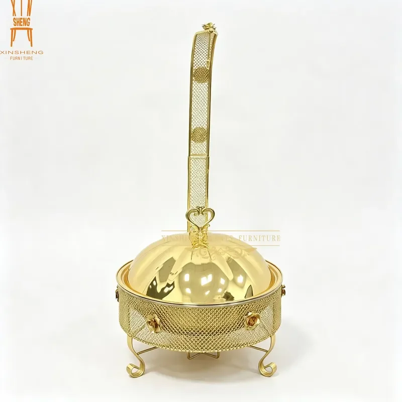Gold Stainless Steel Buffet Warmer with Mesh Rose Decoration Insulated Food Tray for Wedding Banquet Party Catering Service