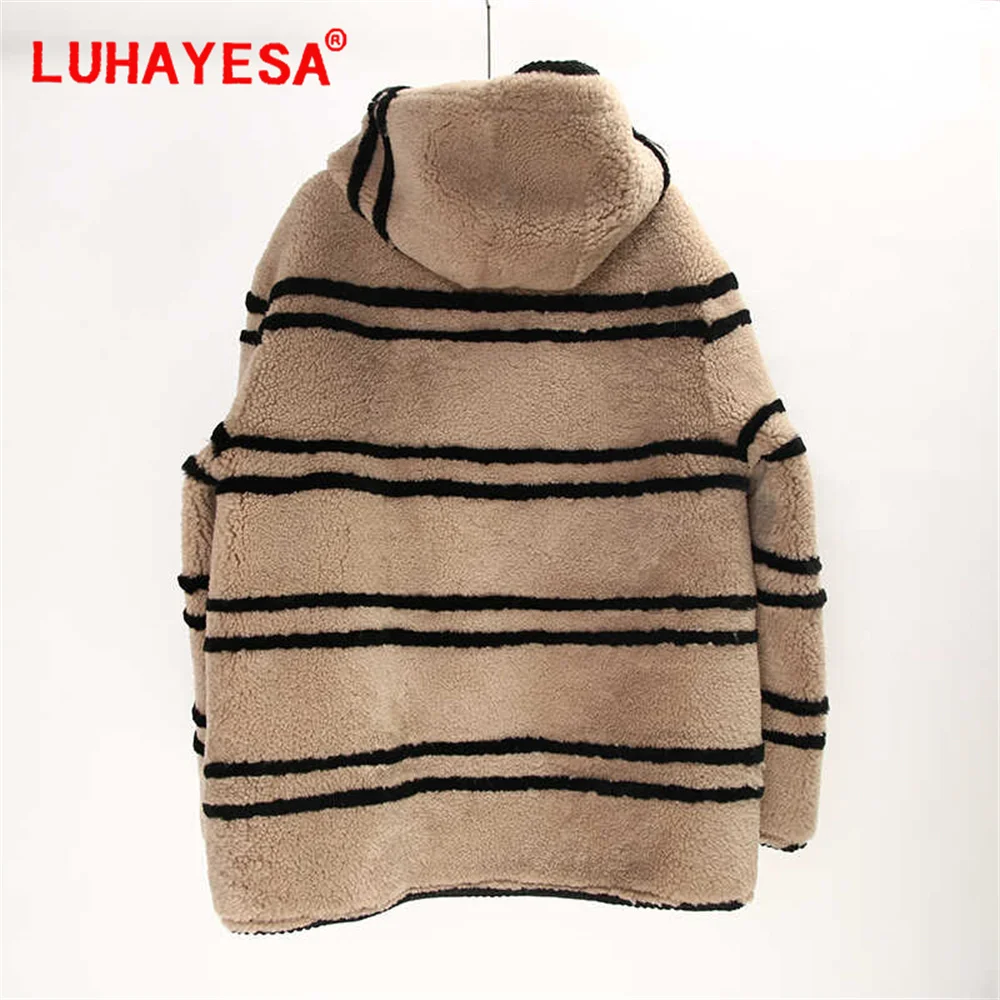 2024 Nuovo LUHAYESA Australia Merino Perla Pelle di Pecora Pelliccia di Agnello Shearling Vestiti Delle Donne Casual Quotidiano Con Cappuccio Marrone Cappotto di Pelliccia Naturale