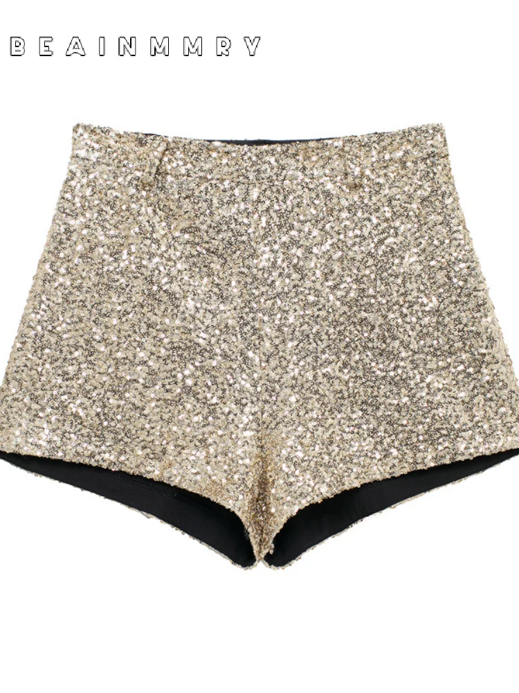 Fashion Gold Sequins Mid Waist Shorts Vintage A-line Concealed Inseam Closure Zip Short 2025 Spring New  High Street Outerwears