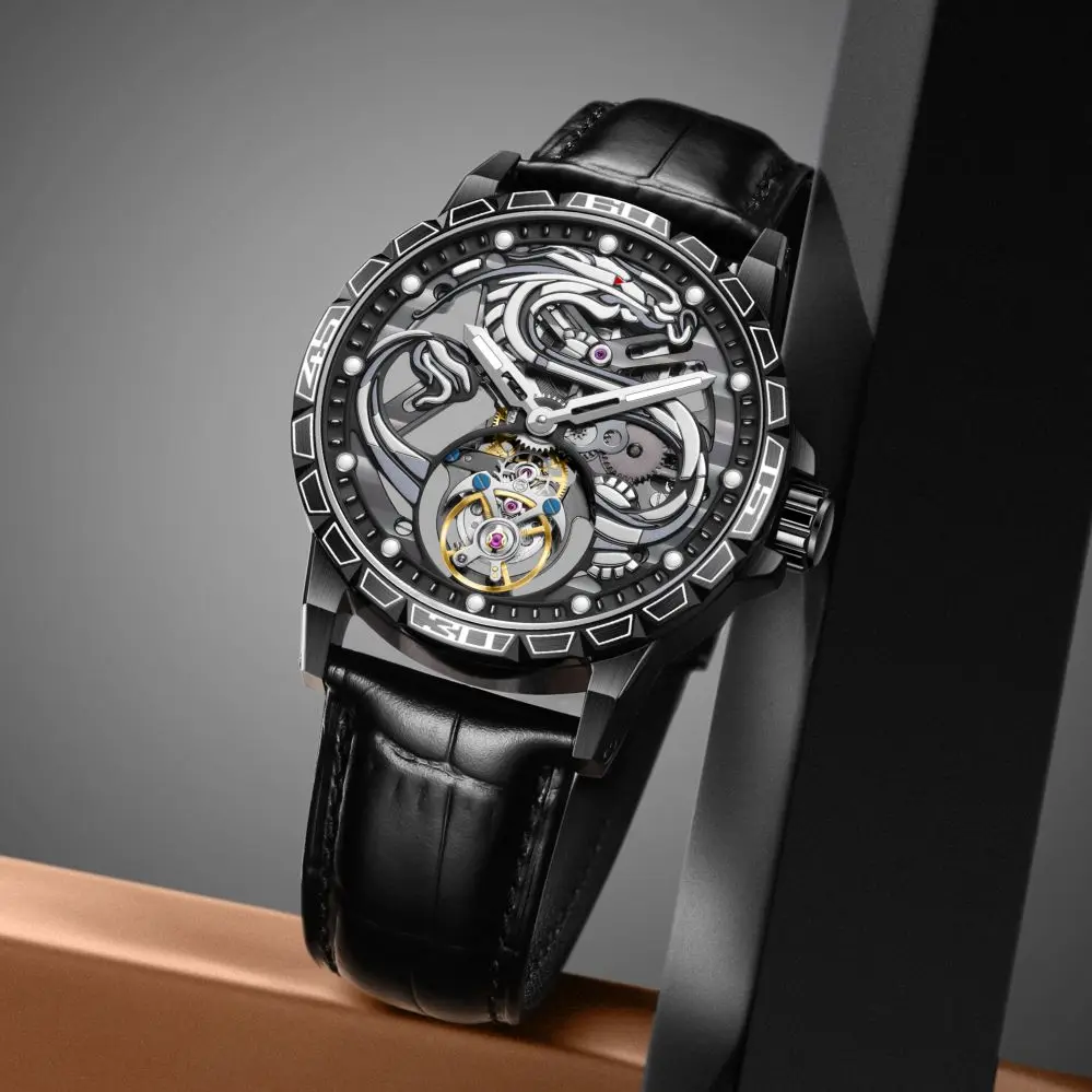 AESOP Premium Dragon Totem Tourbillon Mechanical Watch Hollow Skeleton Luxury Leather Steel Band 30M Waterproof Male Wrist Watch