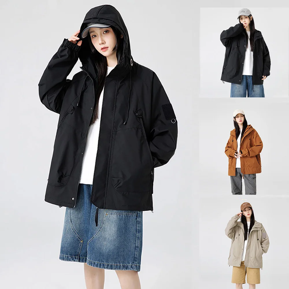 

Spring New Jacket Women Casual Hooded Zipper Jacket Fashion Breathable Solid Color Windproof Unisex Couple Streetwear