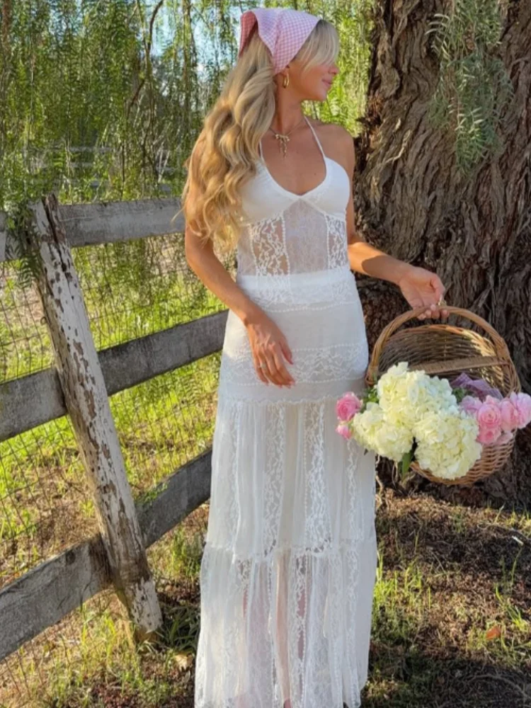 

Women White Lace Hollow-out Skirt Set Lady Sexy Strapless Lace-up Crop Top See Through Skirts Suit 2026 Vacation Party Outfit