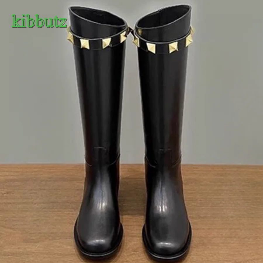 

Studded Leather Straight Boots,Comfortable Round Toe Low Heel Knee High Boots Women Shoes Winter 2023 New Zapatos Para Mujere