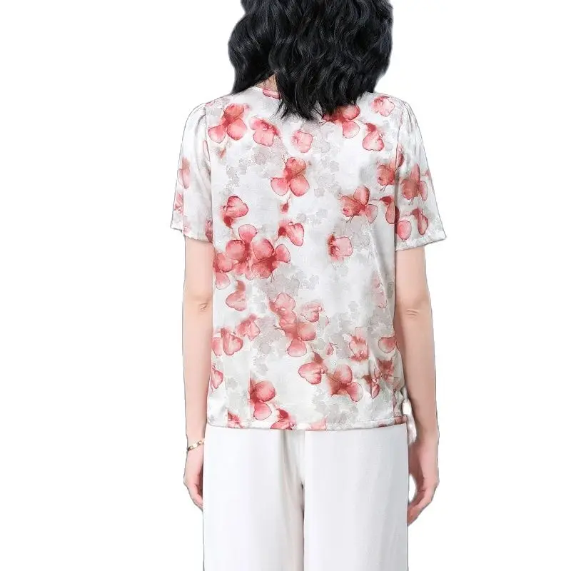 BirdTree, 91% Natural Silk OL Shirts, Women V Neck Short Sleeve Floral, Elegant Mom Satin Blouses, 2024 Summer New Tops T44456QM