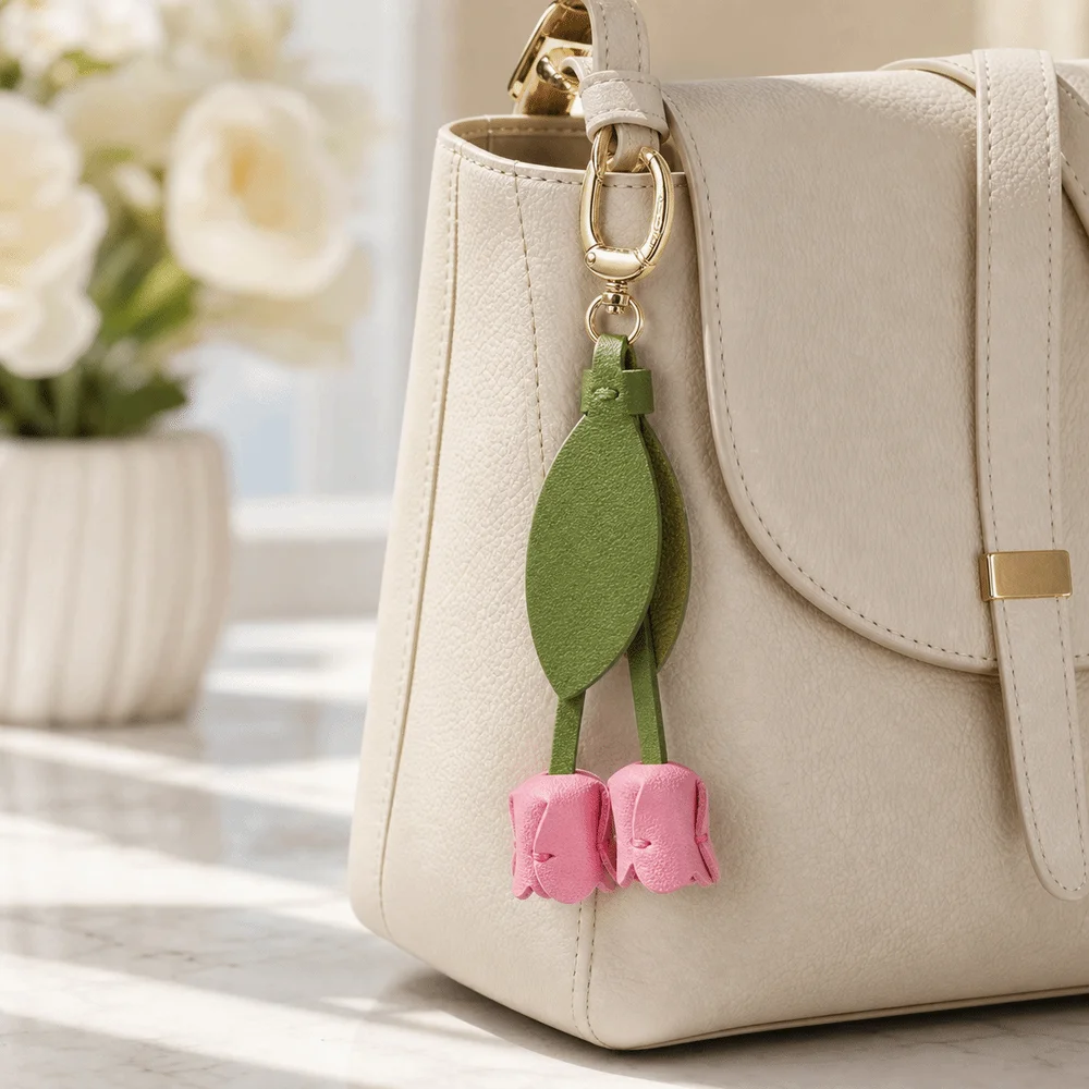 New PU Leather Tulip Bag Pendant Handmade Hanging Tulip Keychain DIY Jewelry Metal Chain Car Key Ring for Women Girls