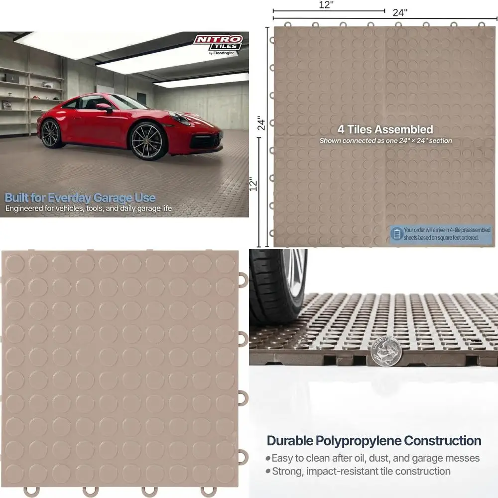 

12 x 12 Heavy-Duty Interlocking Garage Floor Tiles, Coin Pattern Polypropylene Flooring, Non-Slip, Sahara Sand, 24 Tiles, 24 Sq