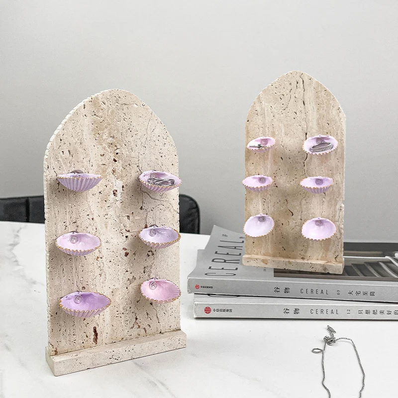 Natural Marble Jewelry Display Holder with Shell Decorative Travertine Jewelry Stand for Ring Necklace Earring Bracelet