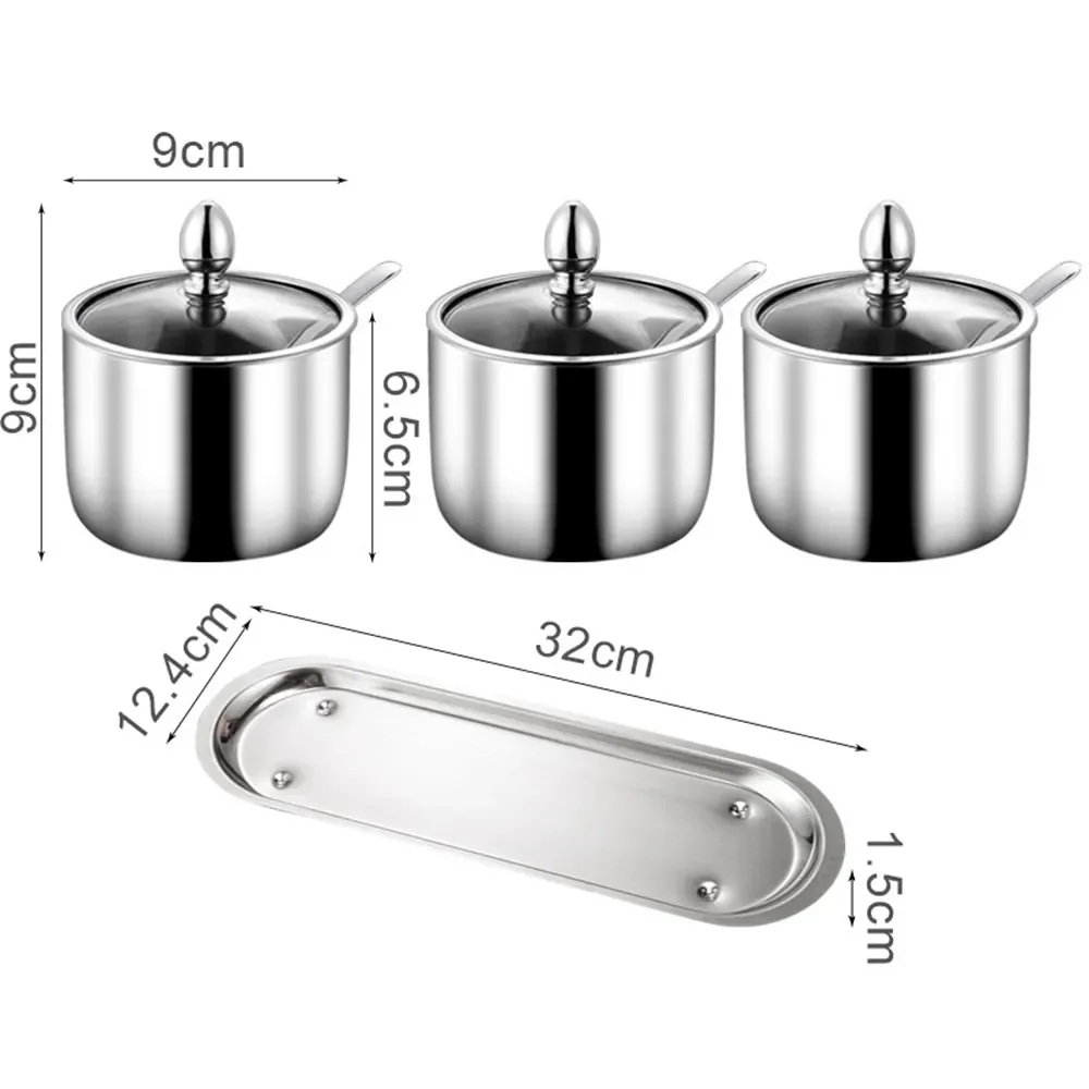 304 Stainless Steel Seasoning Pot Spice Canister Set with Transparent Glass Lid Salt Jars Organization Kitchen Container Set