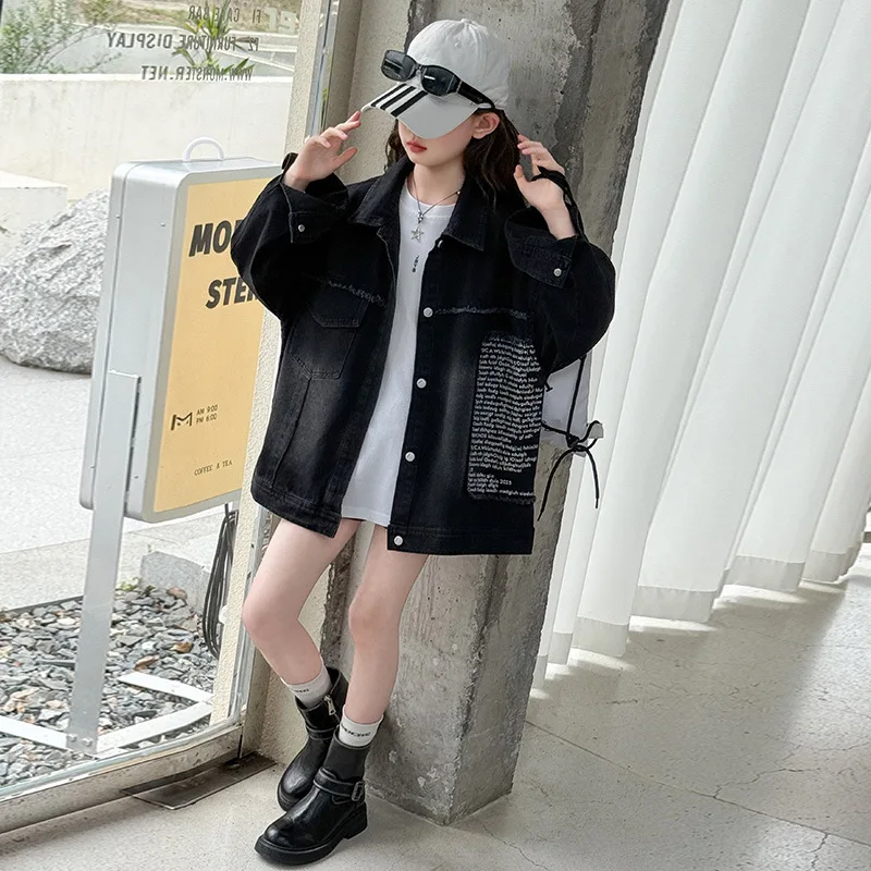 Teenager Girls Denim Jacket New Spring Autumn Stylish Children Letter Fringed Coat Casual Large Kids Tops School Clothes