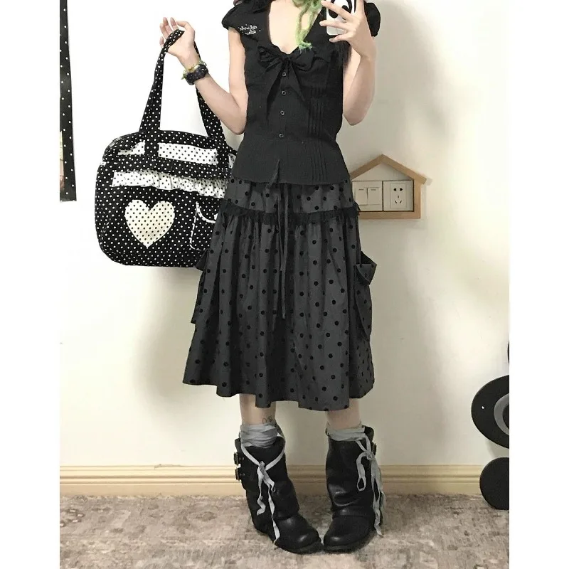 Jupe grise imprimée à pois pour femmes, Vintage Y2k, poches esthétiques, ligne a, mi-longue, mode gothique, polyvalente