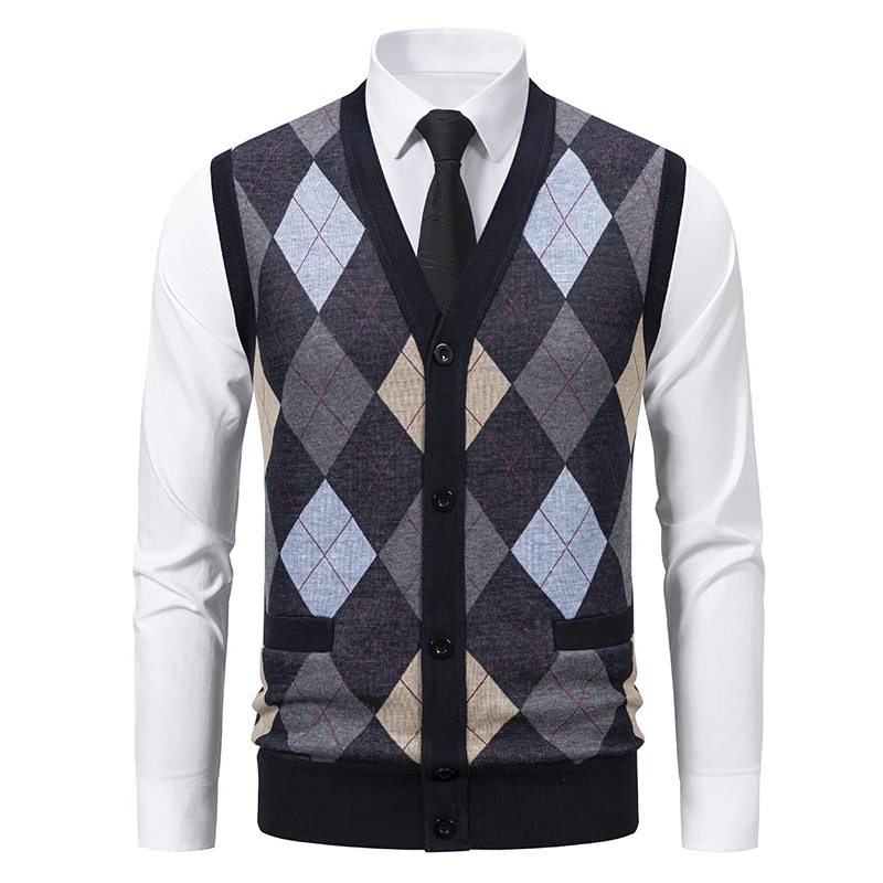 Vintage Checkered Vest Sweater for Men Knitted Cardigan Waistcoat Fall Clothes Elegant V Neck Man Business Sleeveless Sweater view 5