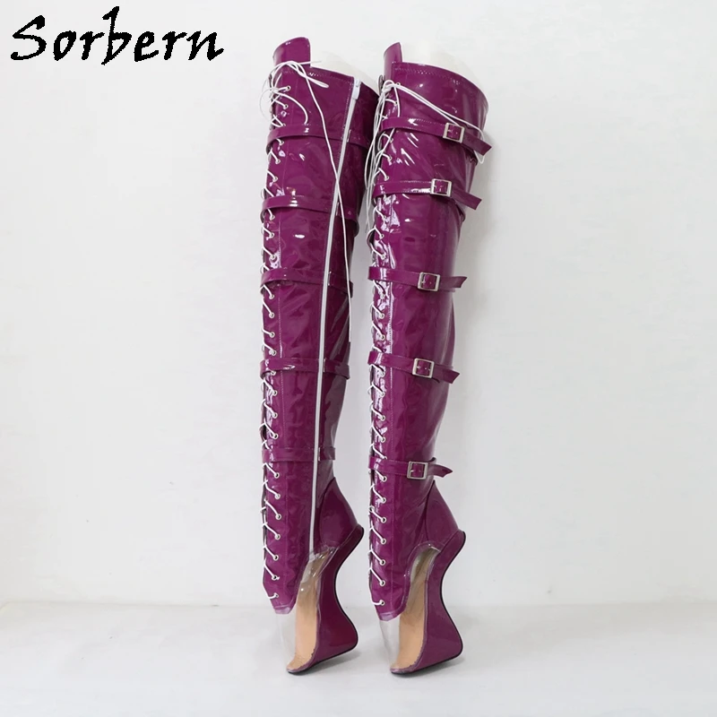 Sorbern stivali in PVC trasparente viola lucido balletto tacchi alti Sexy Fetish Heelless stivali sopra il ginocchio scarpe Crosss Unisex