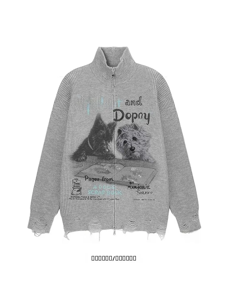 

Вязаный кардиган с принтом животных, воротником-стойкой и отверстиями, для пар, молодежный, с длинными рукавами