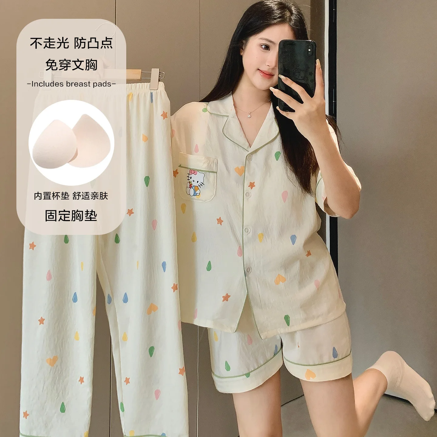 Conjunto de pijama de verano para mujer de Sanrio Hello Kitty, 3 uds., Pochacco con copas acolchadas, camiseta, pantalones cortos, ropa holgada y bonita para el hogar con diseño de Anime para chica