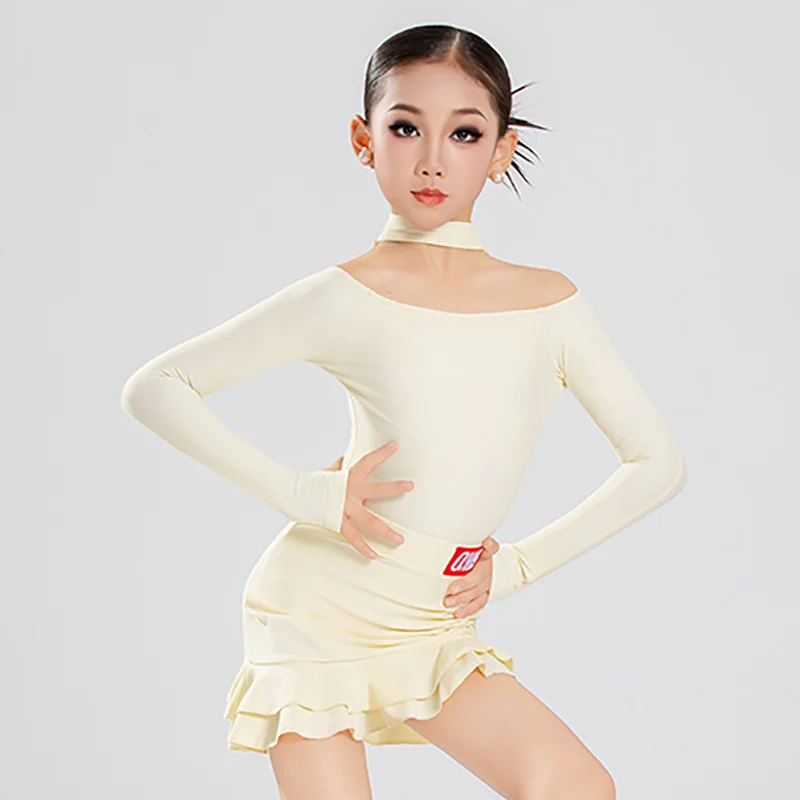 Dames Kinderen Meisjes Latin Danskostuums Lange mouw Off-the-shoulder bodysuit en oefenrokken Ballroom Rumba Dancewear