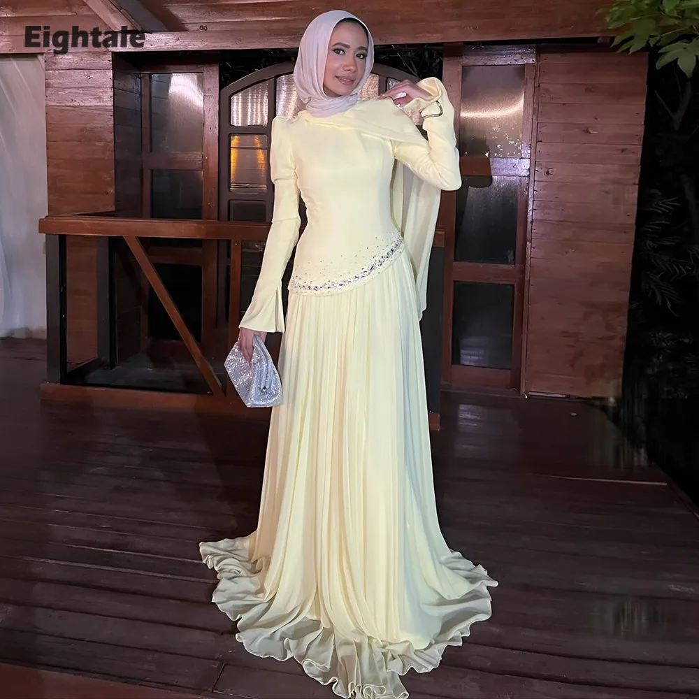 

Eightale Arabic Evening Dress O-Neck Beaded Chiffon Pleats Long Sleeves Yellow Prom Party Gowns Customized Robes de soirée