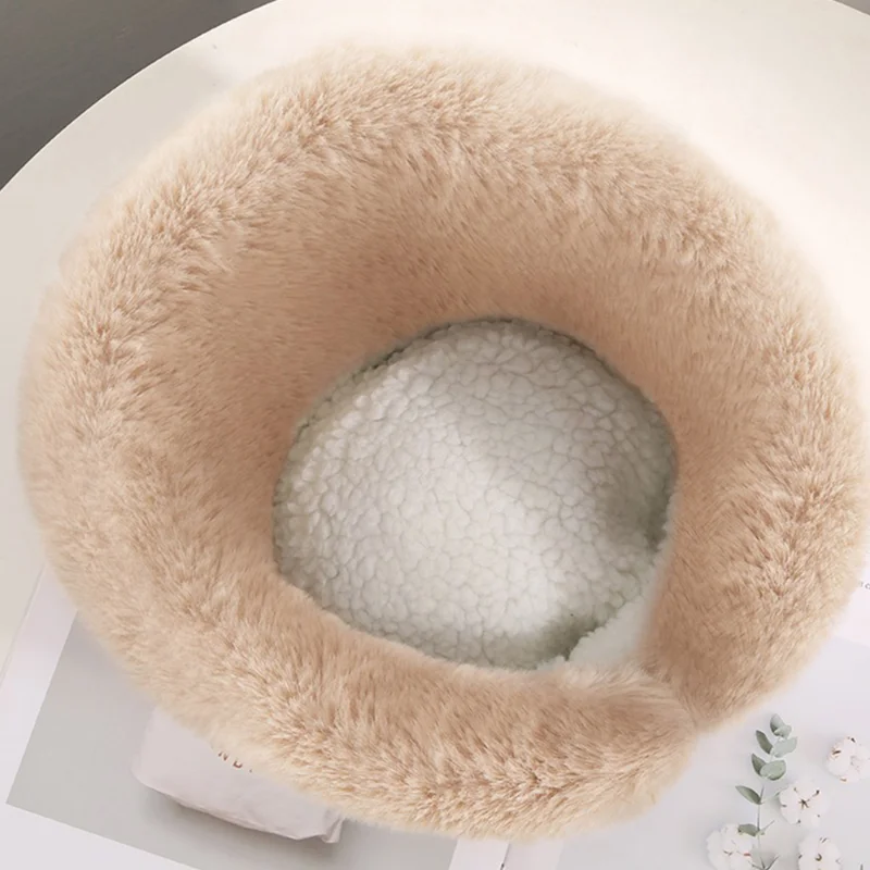 Fashion Fluffy Fur Bucket Hat for Women Winter Thick Warm Soft Plush Fisherman Panama Cap Femme Vintage Lamb Fleece Beanies Hats