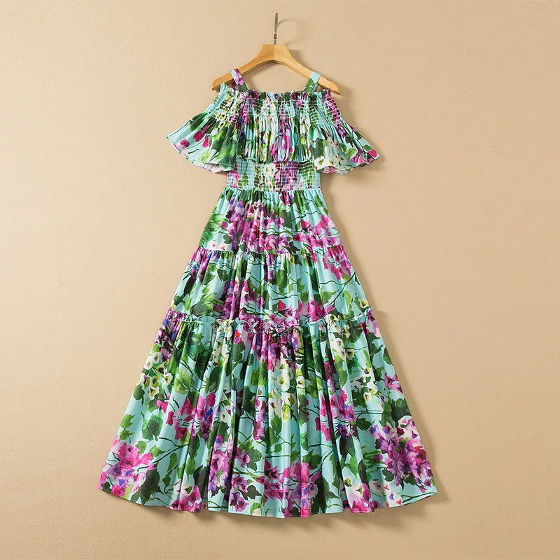 

European and American women's wear spring 2022 new The horn sleeve One word led Floral print Fashion pleated cotton dress