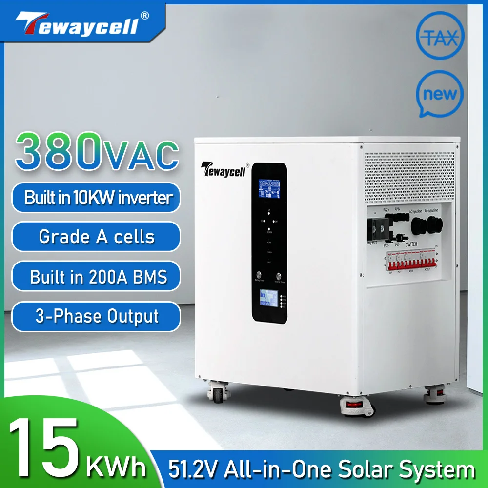 올인원 삼상 20KWh 15KWh AC380V LiFePO4 배터리 Tewaycell 51.2V 가정용 태양광 시스템 내장 10KW 인버터 모바일 ESS