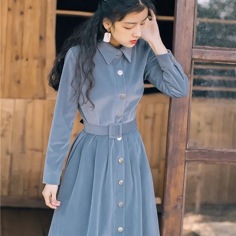 

Zoki Autumn Corduroy Female Midi Dress Elegant Warm Single Breasted Turndown Collar A Line Dress Fashion Solid Belt Casual Dress