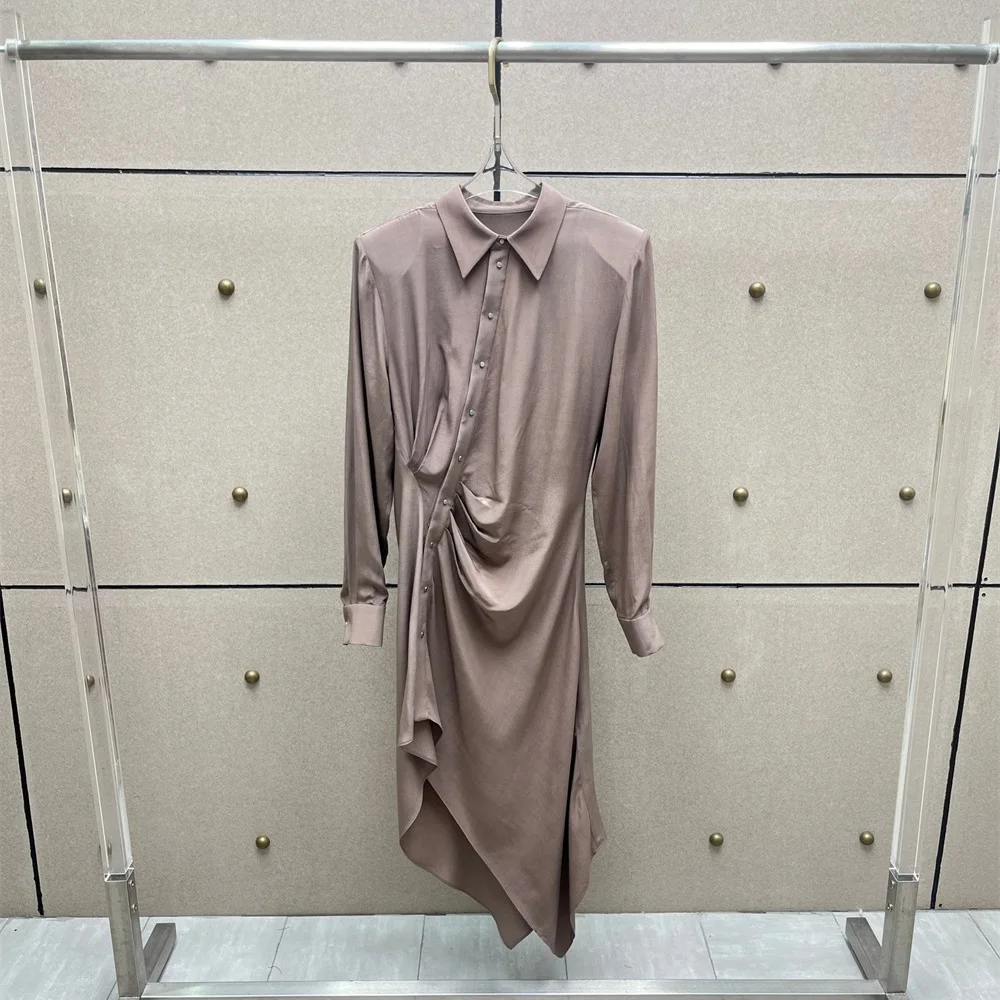 Robe chemise en Satin pour femmes, irrégulière, de banlieue, ajustée, Style Y2K, nouvelle mode, haute qualité, plissée, robe de soirée, hiver 2025
