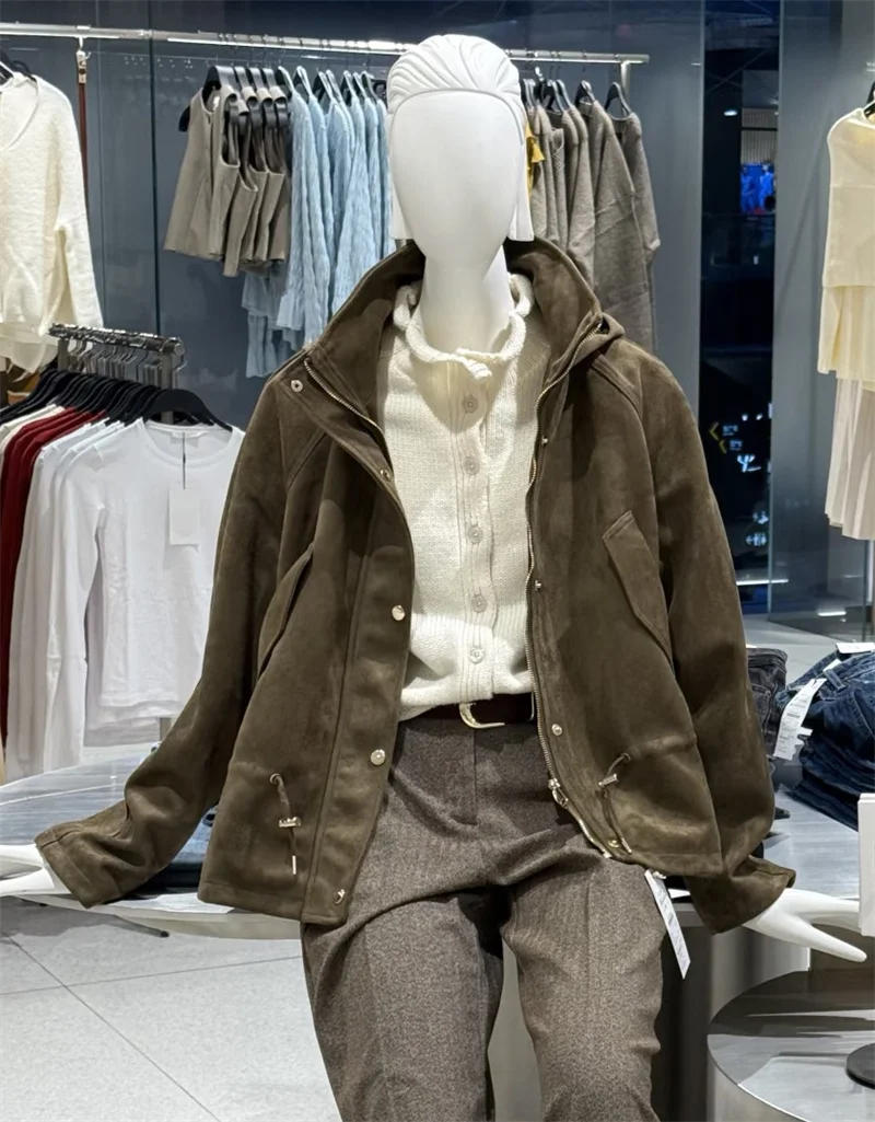 سترة بغطاء للرأس بتأثير من جلد الغزال وياقة واقفة للخريف والشتاء، سترة نسائية كاجوال أنيقة كلاسيكية