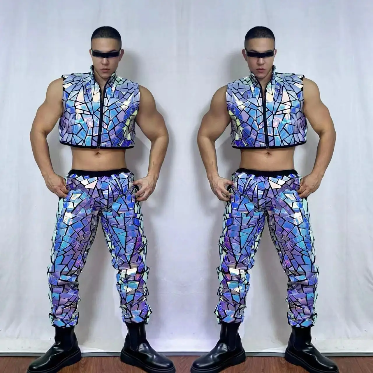 Trajes de baile de hip hop con Espejos azules, trajes de baile de Jazz, escenario, espectáculo, fiesta, actuación, club nocturno, cantante masculino, DS, DJ, gogo