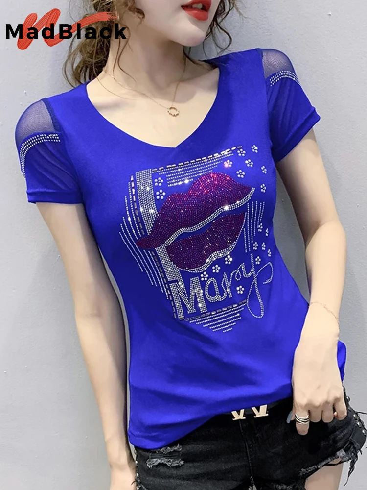 MadBlack Summer Korean Clothes T-Shirt Fashion Diamonds Lip Women Tops Cotton Short Sleeve Lace Sexy Back Shirt Tees New T03804