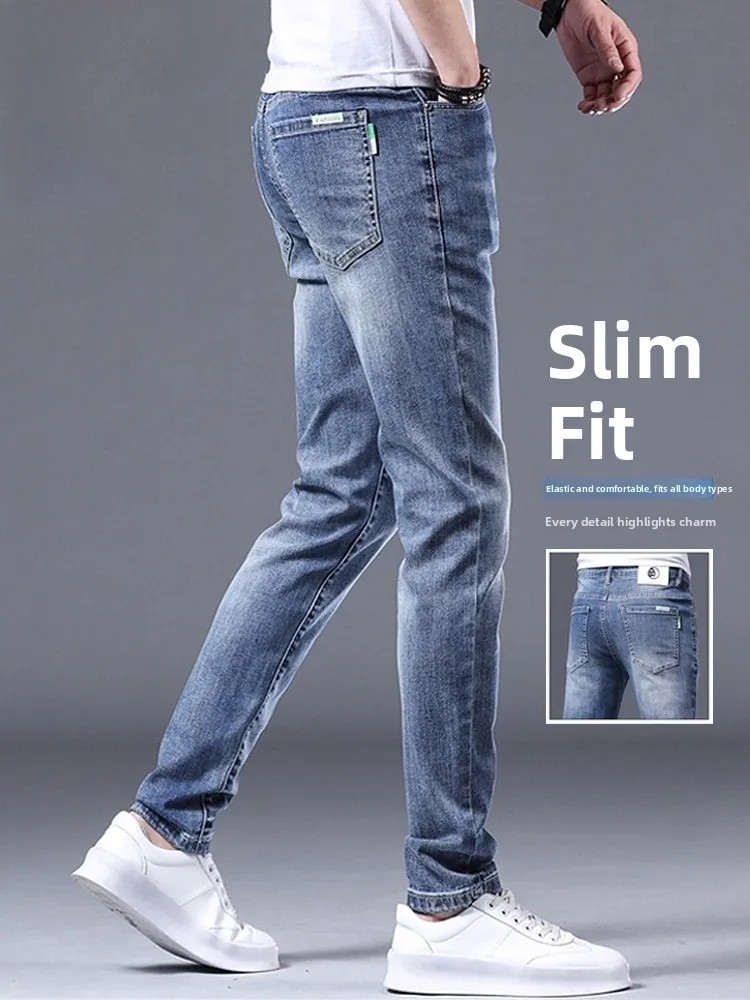 

Men's Slim Fit Jeans Spring Casual Versatile Long Pants Washed Denim Trendy Brand Comfortable Cotton Polyester Blend