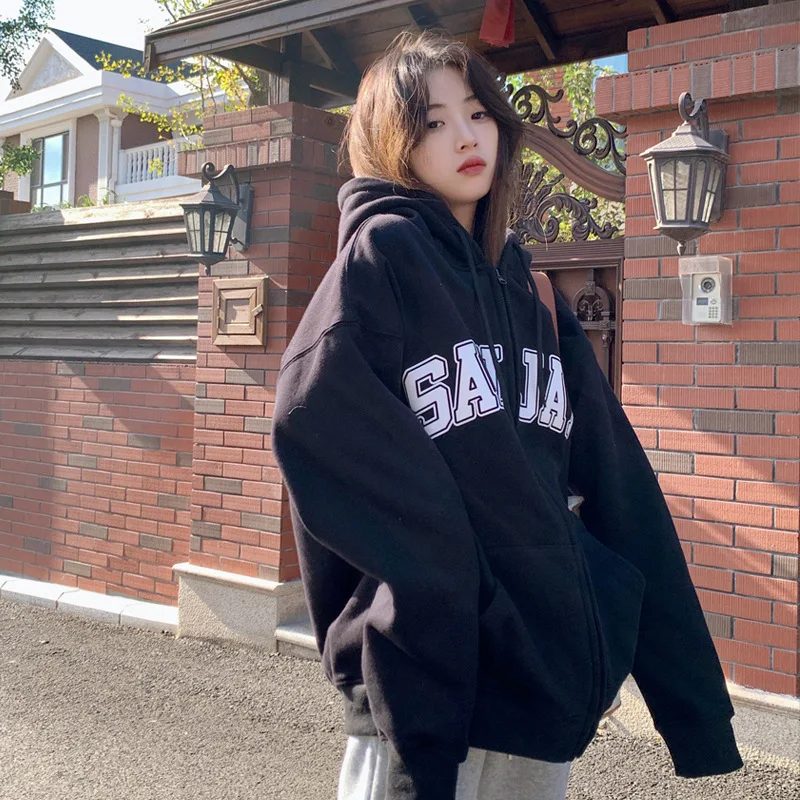 Autumn Couple Tops with hat Sweatshirt Hoodies Casual Women Fashion fall Loose Long Sleeve Print Cardigan Vintage Zip up Hooded