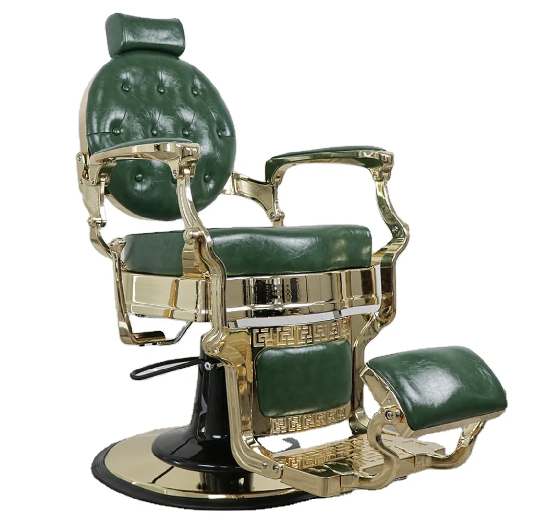 Sillón de Barbería Antiguo Verde con Marco Dorado, Silla de Peluquería para Barbería, Salón de Belleza, Muebles de Estética