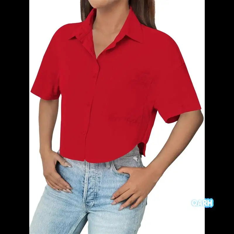 

Women's Short Sleeve Casual Button-Up Shirt Summer Soft Fashion Cotton Shirt Tops With Pockets