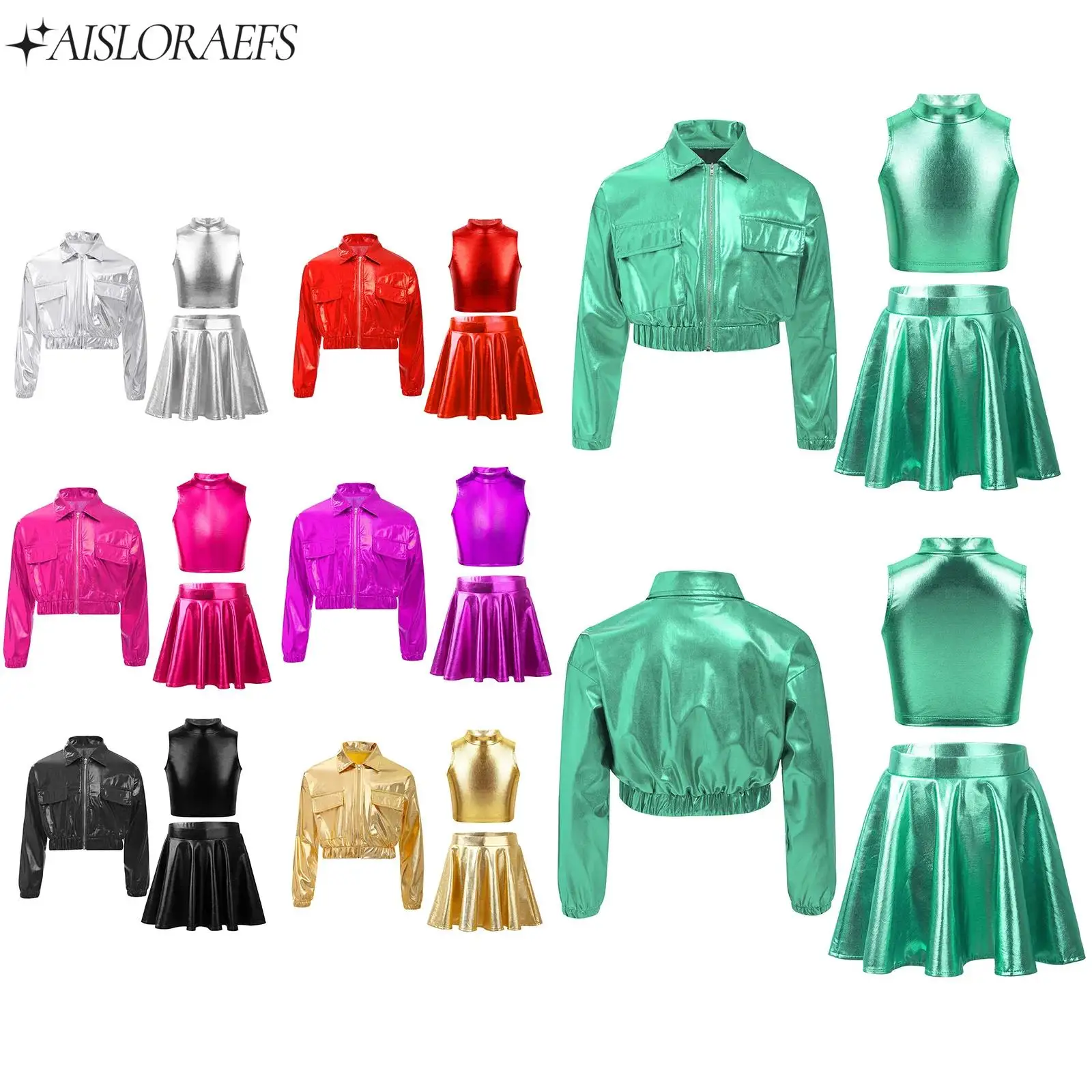 

Girls 3 Pcs Jazz Hip-hop Dance Set Metallic Shiny Jacket Sleeveless Turtleneck Crop Tank Tops Skirt with High Elastic Waistband