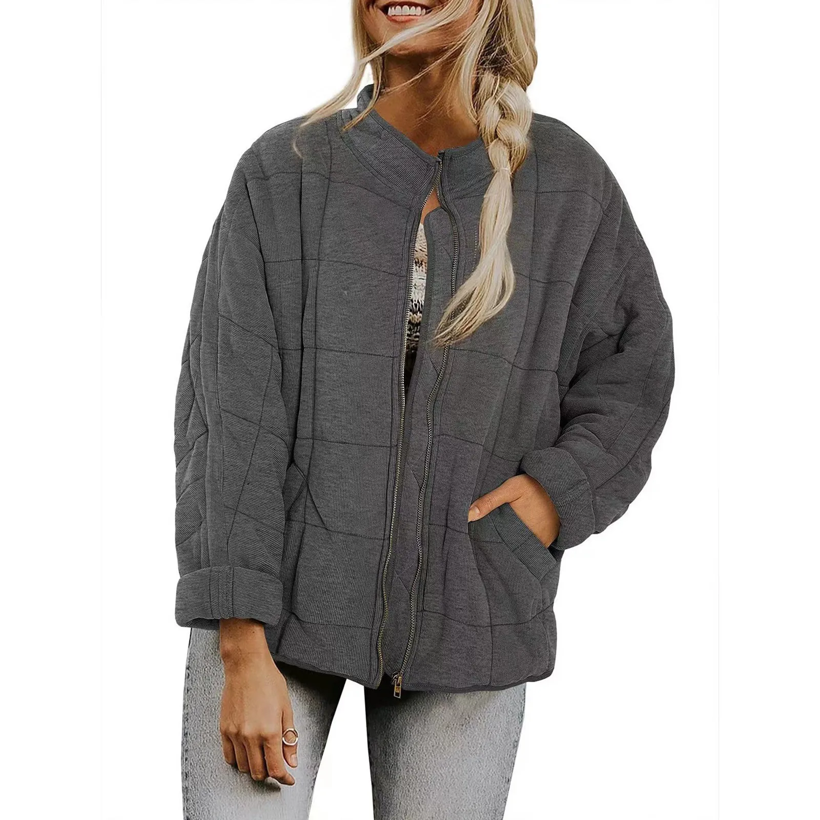 Chaqueta acolchada con cuello levantado para mujer, abrigo cálido, chaqueta holgada ligera con cremallera y bolsillos, Tops Casaul para Otoño e Invierno