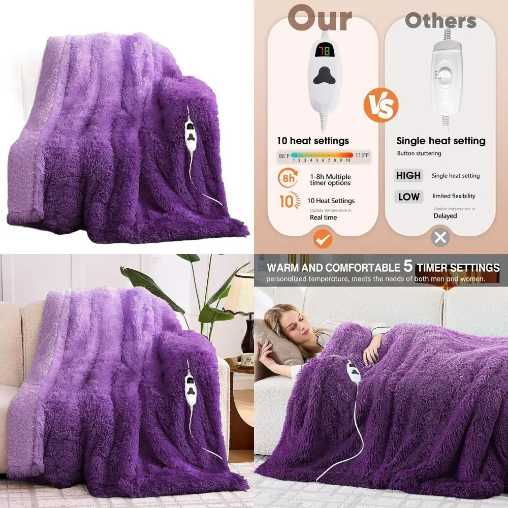 

Mystic Purple Faux Fur Sherpa Electric Blanket, 10 Heat & 5 Timer Settings, Fast Heating, 50x60