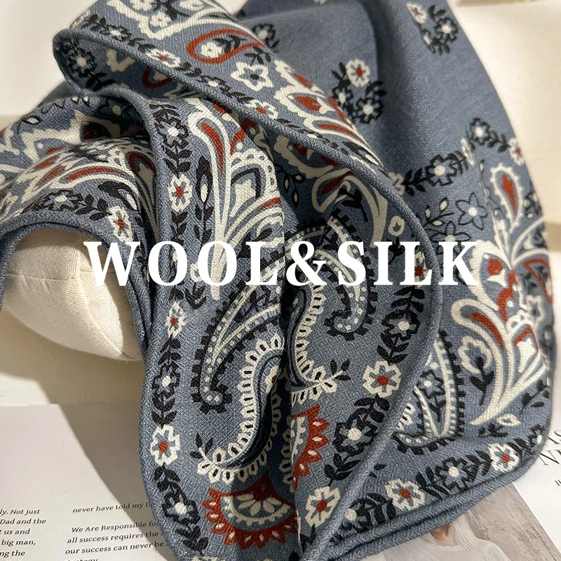 

70% Wool 30% Silk Scarf Women Winter Ethnic Gray Orange Blue Paisley Print Neck Scarves Shawl Female Hijab Ladies Accessories