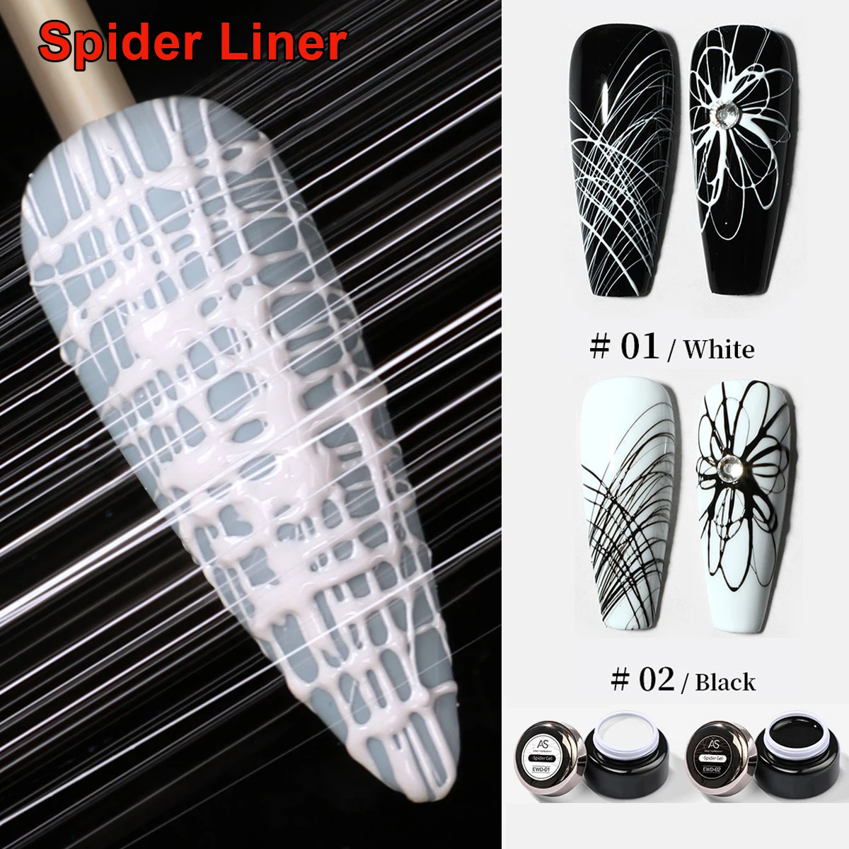 

AS 2pcs Creative Spider Nail Drawing Gel Black White Painting Wire Web Liner Semi Permanent UV Silk Varnish Manicure Polish