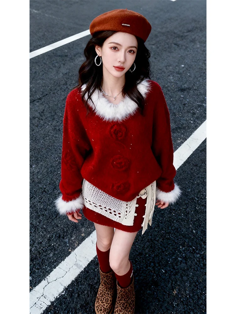 

Red Knitted Fluffy Battlerobe Aosphere Cisas Winter 2026 n Year Tee-piece Set Casual Sle High Waist ort ...