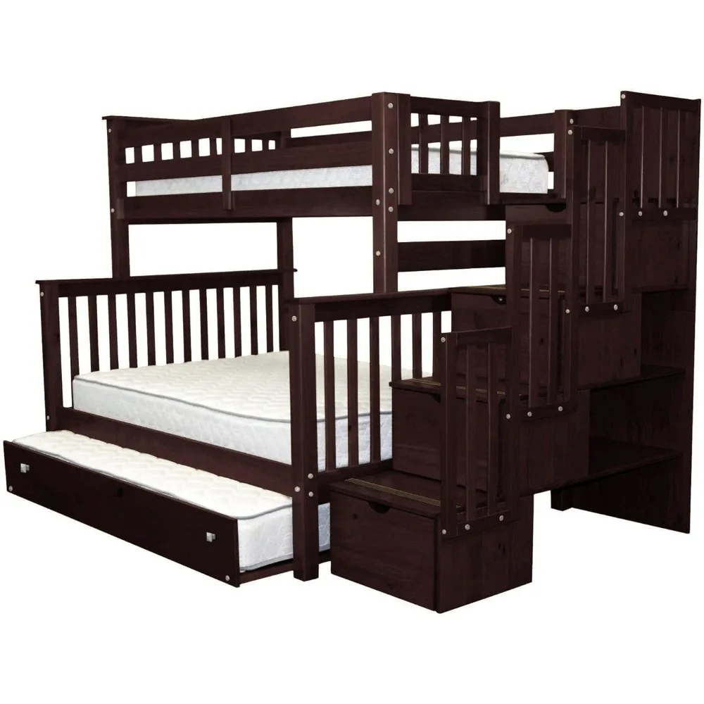 Bunk Beds Twin over Full with 4 Drawers in the Steps and a Full Trundle, Dark Cherry