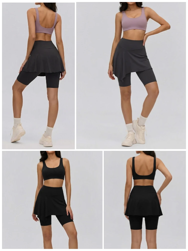 VITALINOVO Damen 2-teiliges Tennisrock-Set Hochgeschnittenes Rüschen-Golf-Outfit Skort Quadratischer Ausschnitt Sport-BH Athletisches Kleid Pickleball – Detail 10