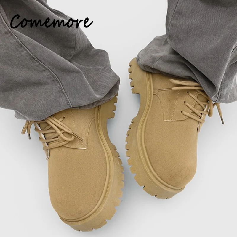 Comemore Mens Chunky Work Boots Retro Lace-Up Suede Male Shoes Thick-sole Breathable Low-Top Casual Footwear Zapatos De Hombre
