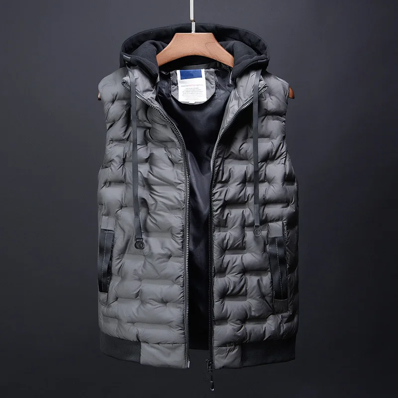 #3626 Black Grey Green Waistcoat Men Hat Detachable Autumn Winter Casual Vests For Men Warm Down Vest With Hood Sleeveless Coat