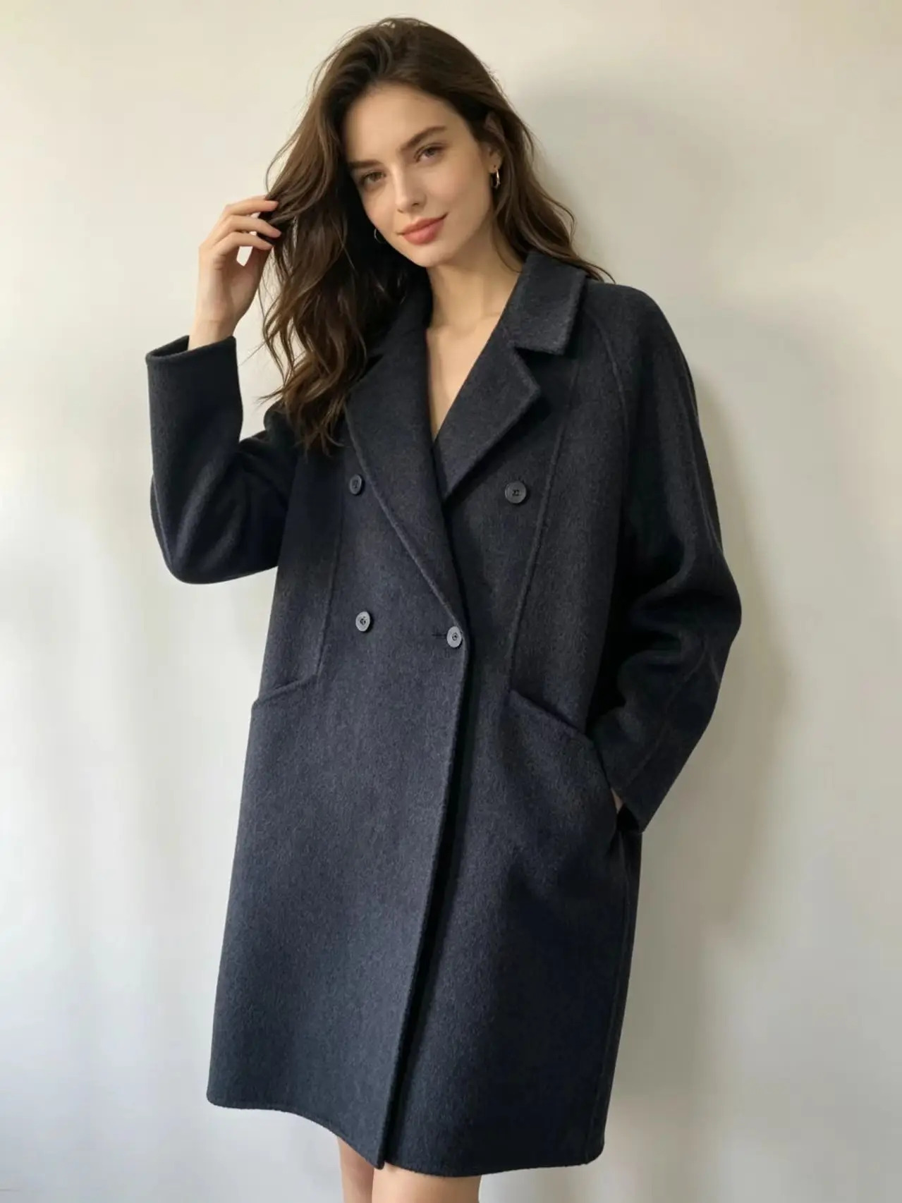 Women Double Breasted Notched Lapel Wool Blend Coat Raglan Sleeve Medium Length Loose Woolen Overcoat With Side Pockets Autumn W
