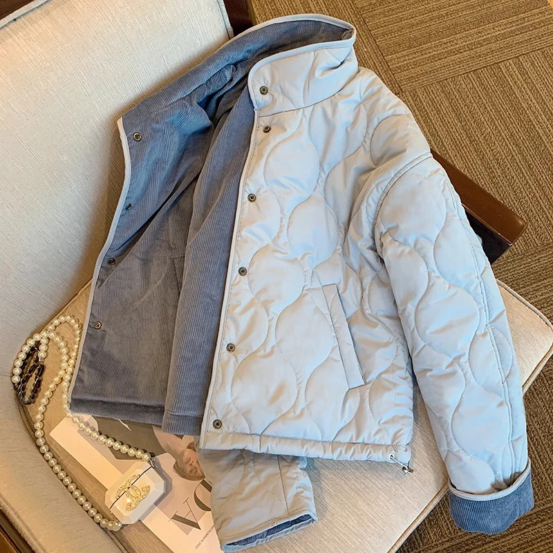 

Синяя хлопковая стеганая куртка из вельвета с воротником-стойкой в корейском стиле, антивозрастная, осенне-зимняя, для молодых женщин